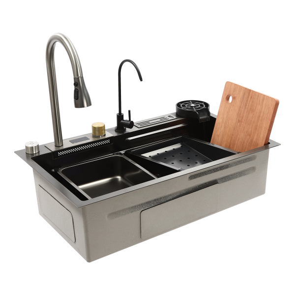 Black Kitchen Sink with Cup Washer Digital Display Waterfall Sink with Water Purification Tap Stainless Steel Single Bowl Kitchen Sink for Restaurants