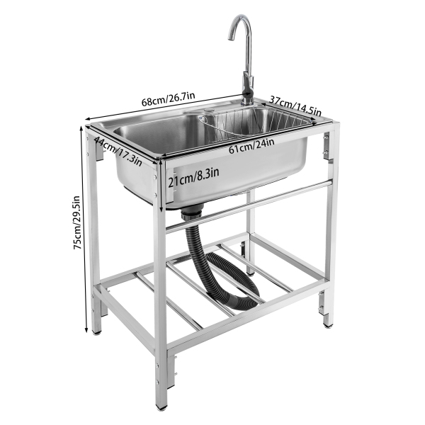 CNCEST 24" Stainless Steel Single Basin Kitchen Sink with Stand, Home Simple Laundry Sink With Faucet