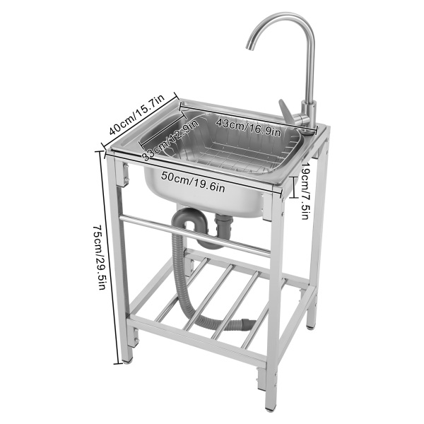 CNCEST 19.6" Commercial Sink with Stand Stainless Steel Single Basin Kitchen Home Simple Laundry Sink With Faucet