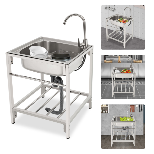 CNCEST 23.6" Stainless Steel Single Basin Kitchen Commercial Sink with Stand, Home Simple Laundry Sink With Faucet