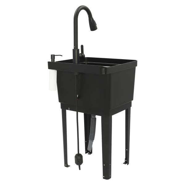 Laundry Sink With High Arc Stainless Steel Pull Down Faucet Freestanding Space Saving Laundry Tub Freestanding Wash Station Black