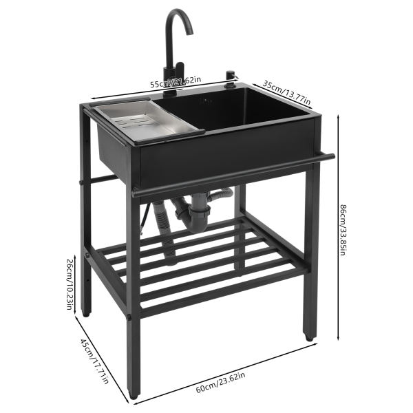 23.62*17.71*33.85in Freestanding Stainless Steel Basin Stand Sink Stainless Steel Sink for Kitchen with Faucets And Soap Dispensers