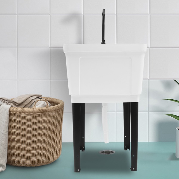 White Space Saver Utility Sink, Freestanding Space Saving Laundry Tub, Rotatable Faucet, Soap Dispenser