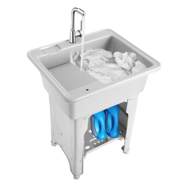 Freestanding Plastic Laundry Sink with Washboard, Indoor and Outdoor Utility Sink with Cold and Hot Water Faucet