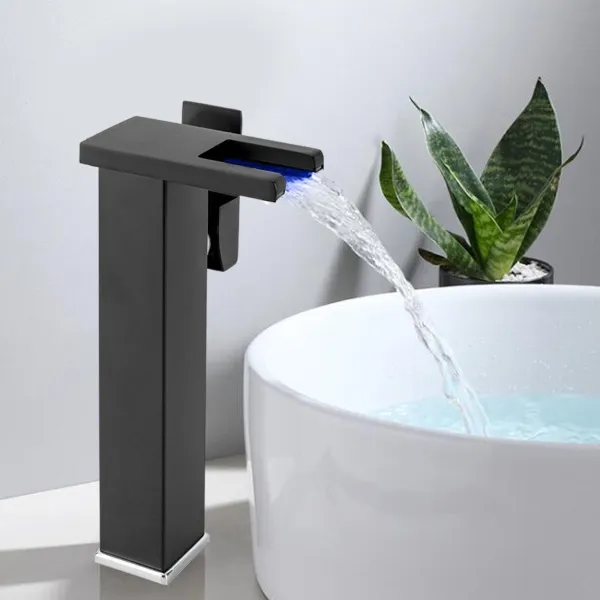Black Bathroom Vessel Faucet Led Light 3 Color Changing Waterfall Single Handle One Hole Bowl Sink Faucet