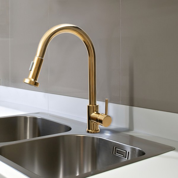 Cold And Hot Dual-Use Pull Out Basin Faucet W/ Free Rotation Pull-out Pipe Taps Gold Brass Single Handle Kitchen Sink Swivel Faucet Pull Out Mixer Tap