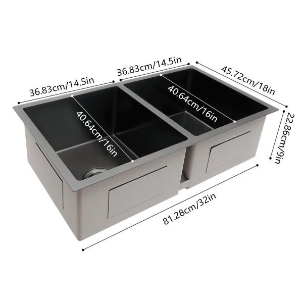 32in Kitchen Sink, New Kitchen Bar Sink, Two Bowls Kitchen Bar Sink - Black