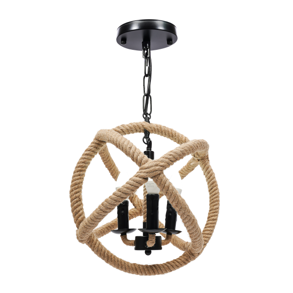 Eapmic 3-Light Rope Orb Chandelier Lights Ceiling Fixture Sphere Pendant Lamp Iron with Rope