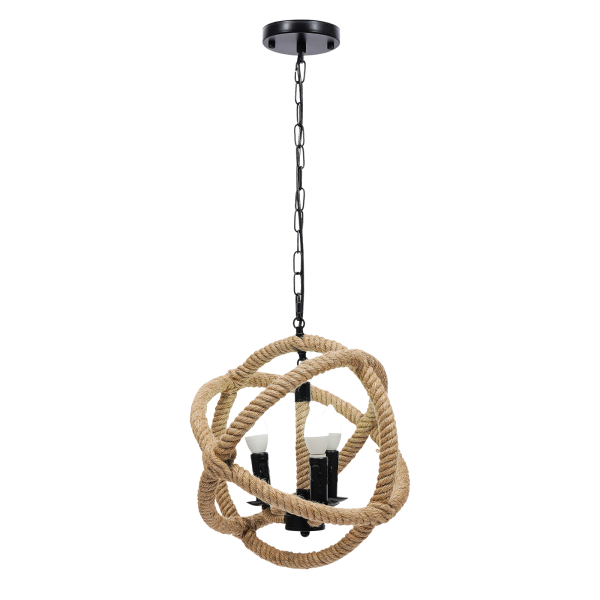 Eapmic 3-Light Rope Orb Chandelier Lights Ceiling Fixture Sphere Pendant Lamp Iron with Rope