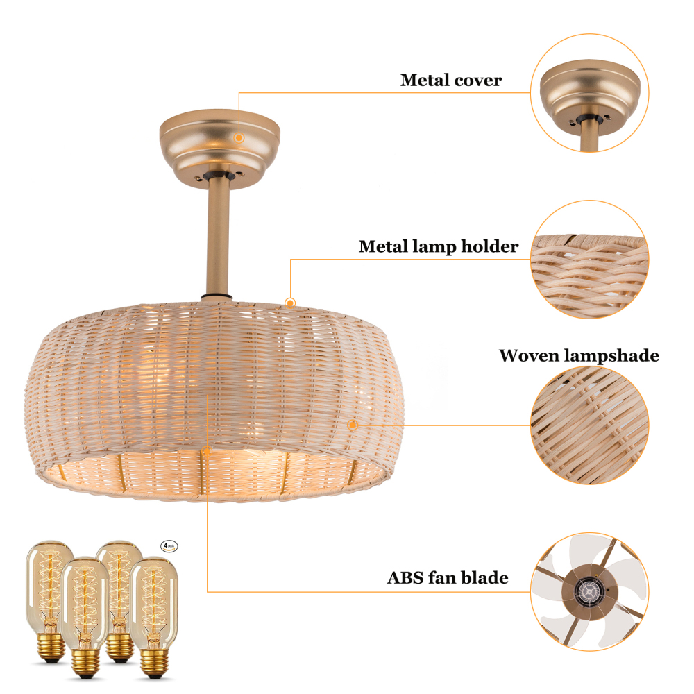 18.5in Boho Ceiling Fan with Lights, Rattan Caged Flush Mount Ceiling Fans with Lights and Remote Control, Bamboo Profile Ceiling Fan 18.5in Boho Ceiling Fan with Lights, Rattan Caged Flush Mount Ceiling Fans with Lights and Remote Control, Bamboo Profile Ceiling Fan