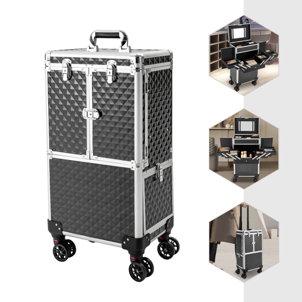 CNCEST Rolling Makeup Case Aluminium Alloy, Movable Rectangular Makeup Train Case CNCEST Rolling Makeup Case Aluminium Alloy, Movable Rectangular Makeup Train Case