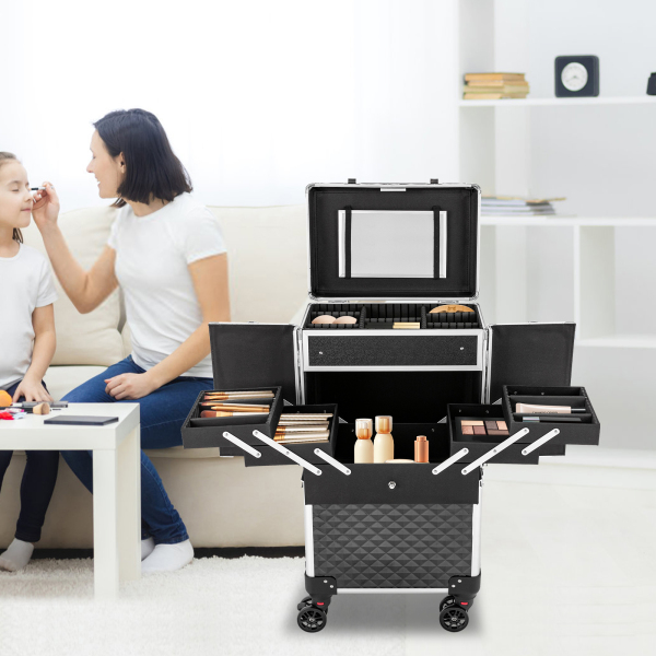 CNCEST Rolling Makeup Case Aluminium Alloy, Movable Rectangular Makeup Train Case CNCEST Rolling Makeup Case Aluminium Alloy, Movable Rectangular Makeup Train Case