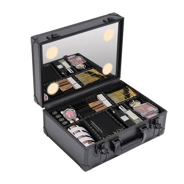 Professional Makeup Train Case Cosmetic Organizer Box Case W/ Light & Mirror USA
