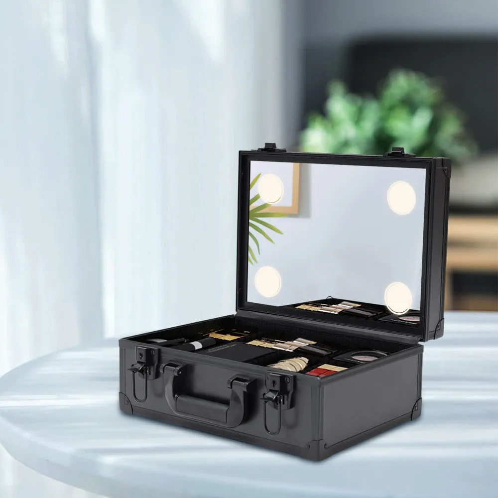 Professional Makeup Train Case Cosmetic Organizer Box Case W/ Light & Mirror USA