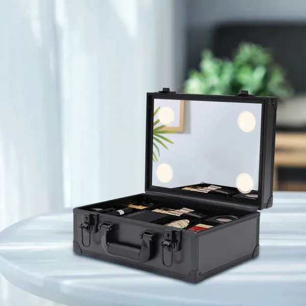 Professional Makeup Train Case Cosmetic Organizer Box Case W/ Light & Mirror USA