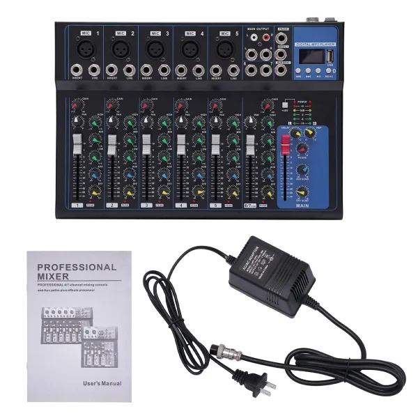 7-kanaals mengpaneel audio mengpaneel DJ-mixer mengpaneel, audiomixer, draagbare Bluetooth-audio-mixer, recorder en USB, 2 microfooningangen, USB- poort, voor microfoons/gitaren/bas enz