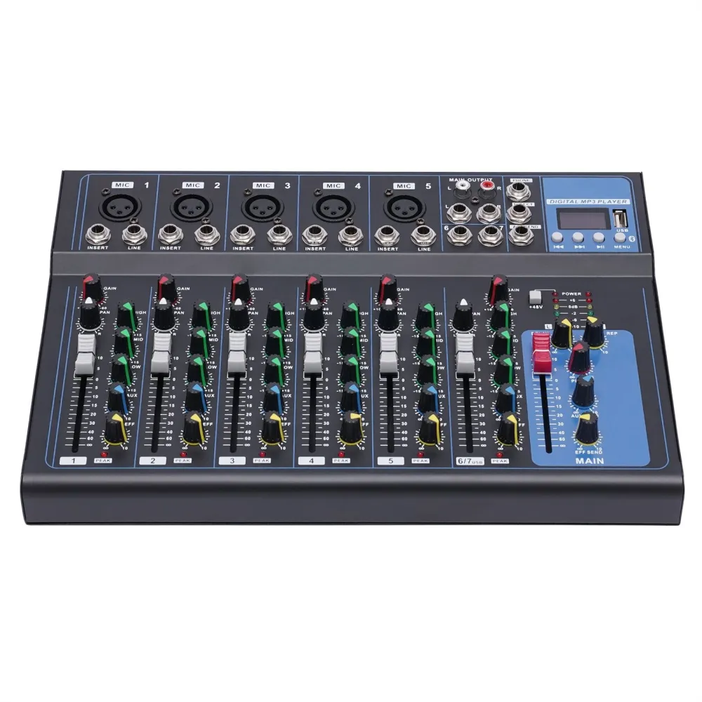 7-kanaals audio-mixer, bluetooth, USB-geluidsversterker, console