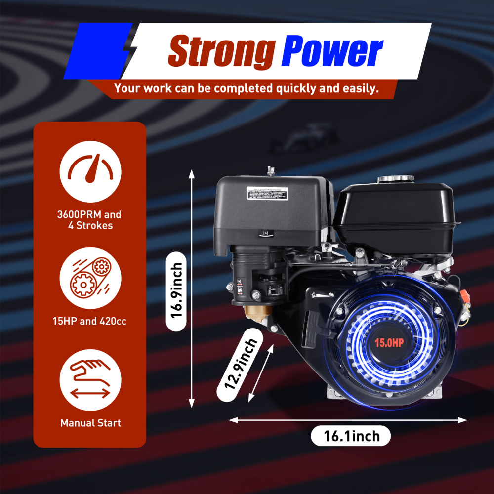 15HP 420CC 4-Stroke OHV Single Cylinder Gas Engine with Recoil Start